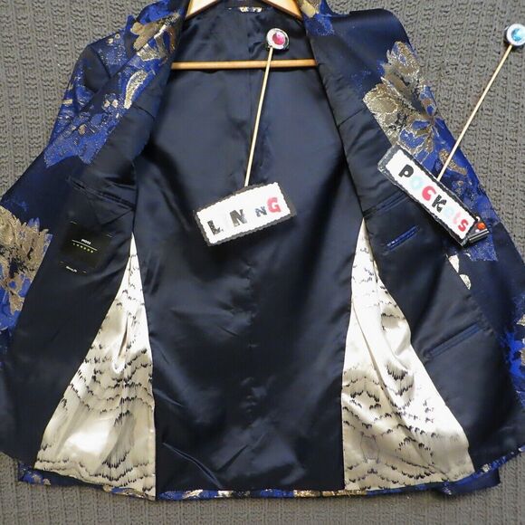 Moss London Mens Party Satin Gold Metallic Floral Skinny Button Jacquard Coat M - Picture 7 of 16